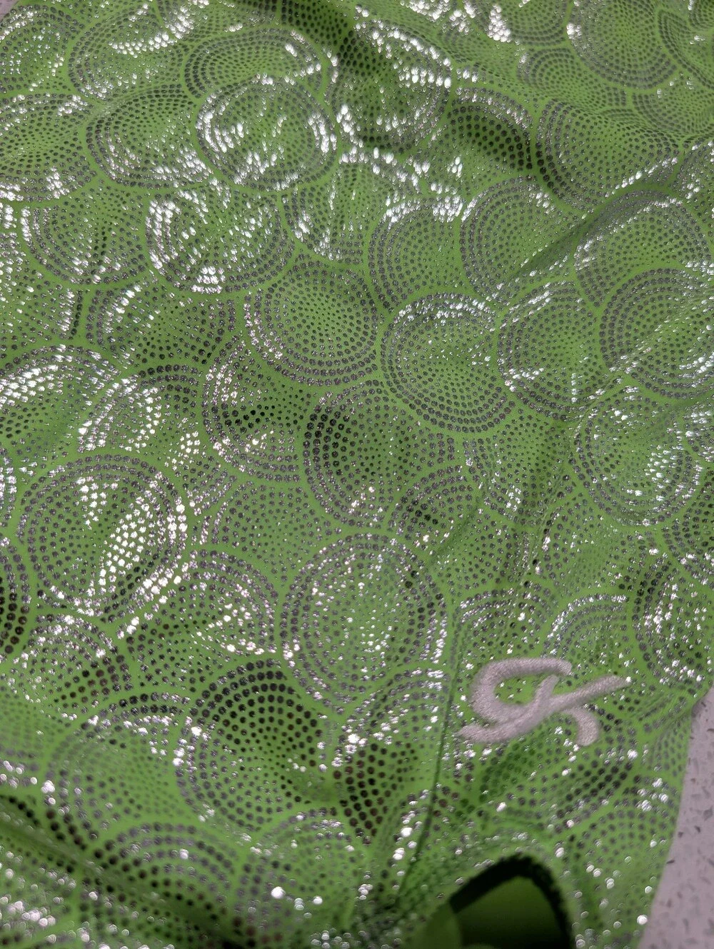 CUTE GK ELITE Large Gymnastics dance leotard Mystique Silver NEON GREEN Strappy